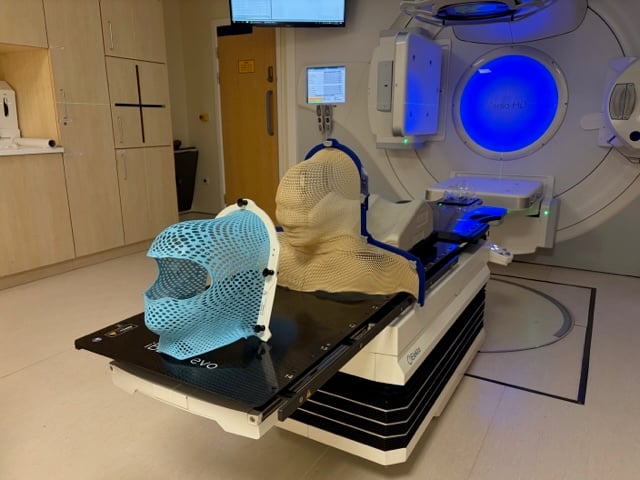 The new open-face, head-only mask is more comfortable for patients undergoing treatment.