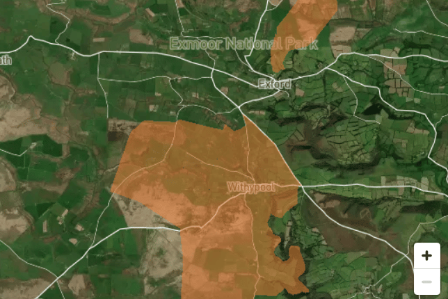 A National Grid map showing shaded areas of Exmoor where power was lost on Tuesday evening.