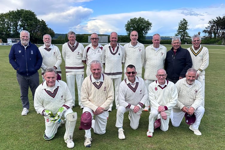Somerset Over 70s: Back Row - Edwin Morris (scorer) Steve Sheppard, Adrian Proctor, Derry West, Andrew Ashfold, Geoff Flynn, Alan Weaden, Andrew Taylor and Keith Milsom. Front row -Richard Gatton, Miles Richards, Steve Pursey (capt), Steve Edwards and Brian Hamer.