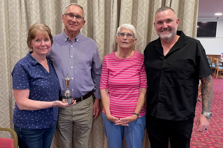 Winners of Jack King Competition, left to right, Jill and Ian Loader; winners of Jack King Husband and Wife Trophy, Mary Beakes and Barry Roberts, overall winners of the Mixed Greensomes Competition.