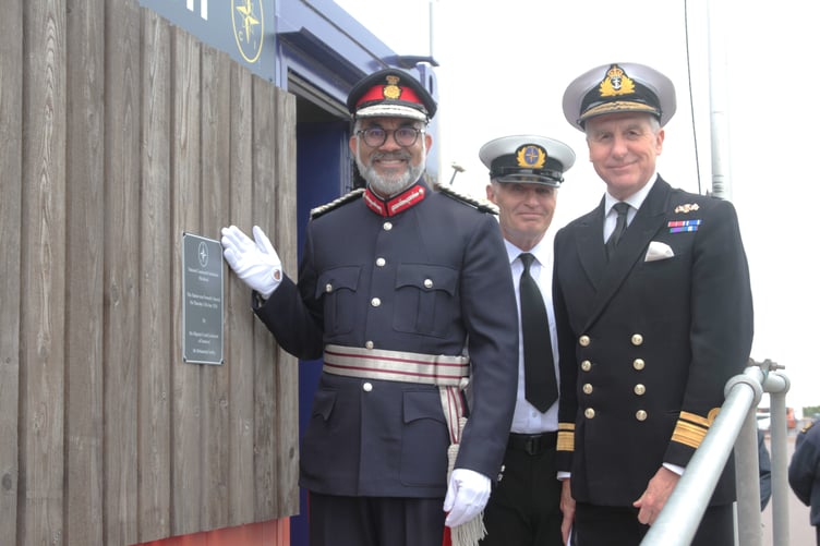 Somerset Lord Lieutenant Mohammed Saddiq officially opens Minehead National Coastwatch Station with station manager David Curran (centre) and Deputy Lord Lieutenant Rear Admiral Ian Moncrieff. PHOTO: George Ody.