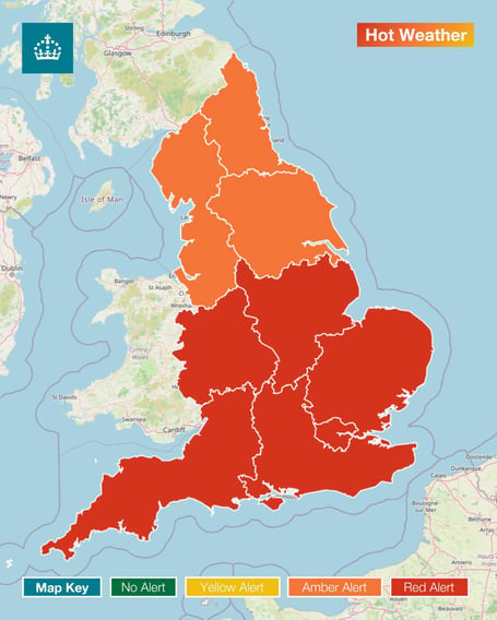 The highest level of heat alert has been issue across the Midlands and southern England.