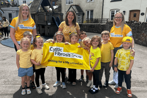 Pupils and staff of Old Cleeve First School wore yellow to highlight the work of the Cystic Fibrosis Trust.