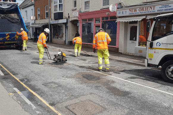 A Somerset Council pothole repair team at work.