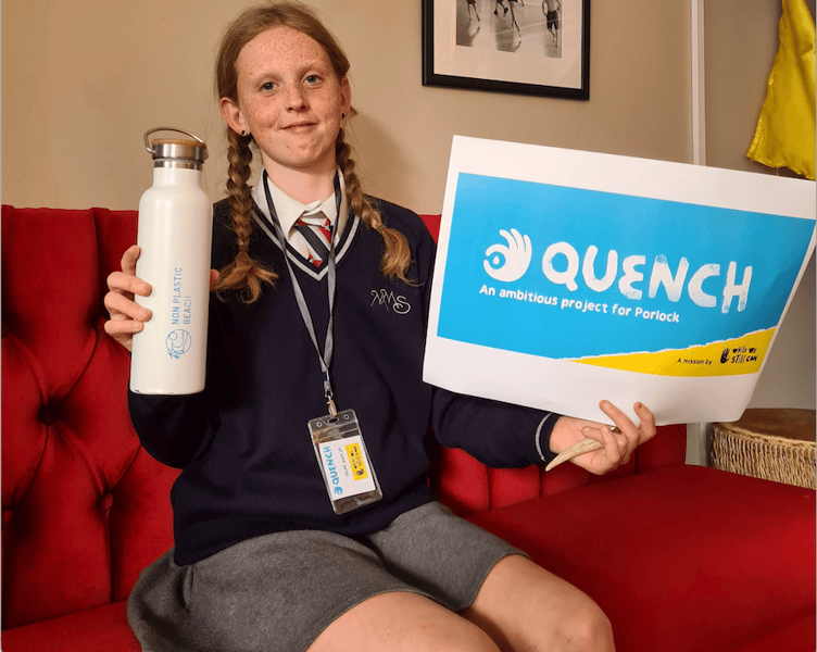 Stacked Wonky's Islay Simpson helps to launch Porlock's QUENCH project to encourage businesses to offer free water refills.