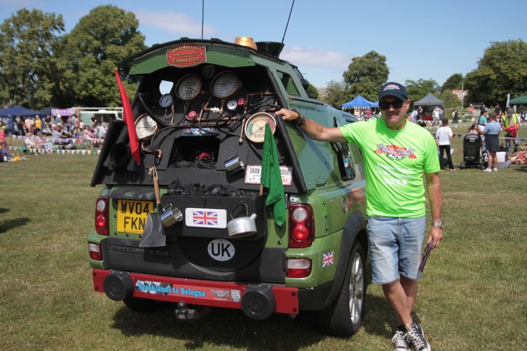 Andrew Mitchell with his Exmoor Flyer at Williton Fete highlighting the 'Against Breast Cancer' charity. PHOTO: George Ody.