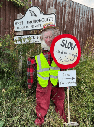A 'King Charles' effigy doubles up by helping to slow traffic in West Bagborough as well being an entry in the village scarecrow trail competition.