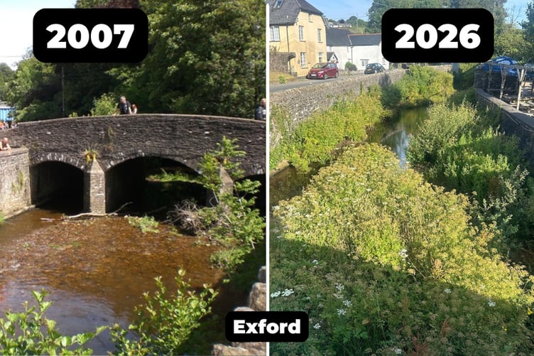 Then and now photographs illustrating the river flooding worry for villagers in Exford.