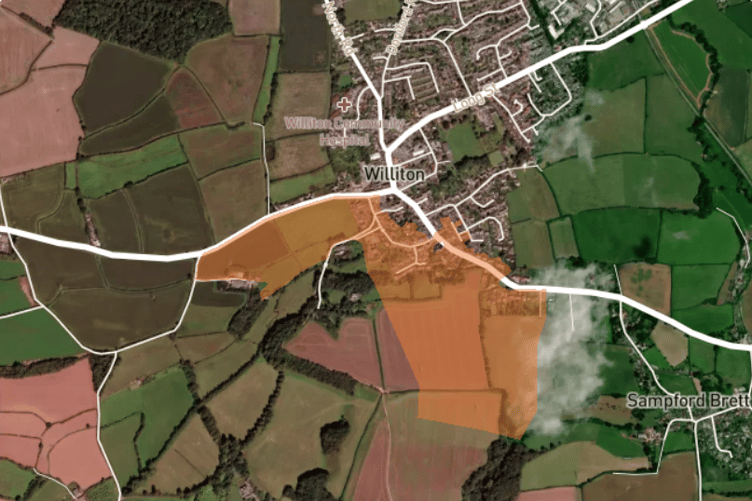 A National Grid map showing the area of Williton experiencing a power cut on Sunday shaded in brown.