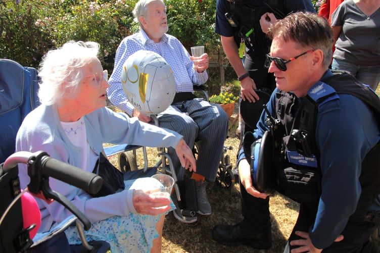 Local police congratulate Kilve's Grace Thorne on her 100th birthday. PHOTO: George Ody.
