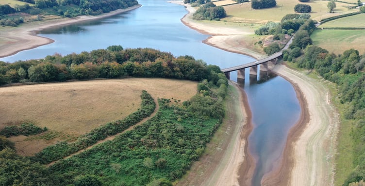 A drone's eye view of Exmoor's half-empty Wimbleball Lake in the drought. PHOTO: Paul Silvers/Cloud9weather.