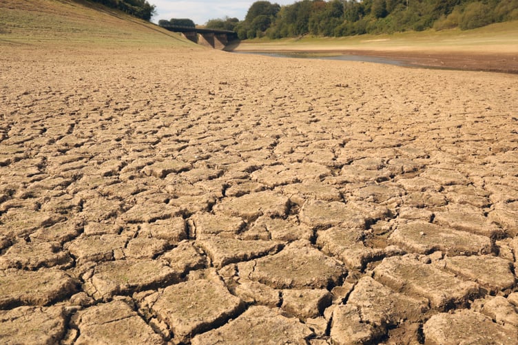 Exposed banks of Wimbleball Lake, on Exmoor, are being baked dry in this summer's drought. PHOTO: Paul Silvers/Cloud9weather.