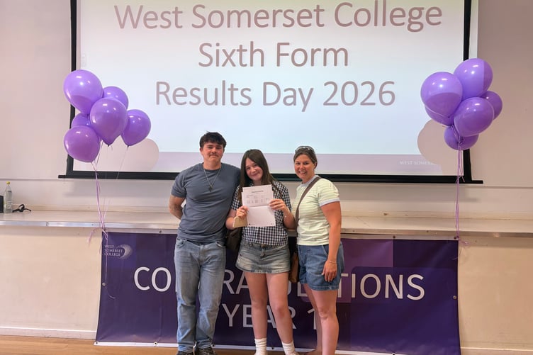 Sam Farthing with Ella Alford and Ella’s mother on A Level results day in West Somerset College.