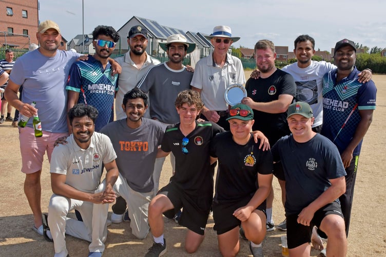 Minehead Thirds, back left to right: Nicholas Maggs, Anan Rajan, Gifto, Aadi Rajan, Steve Archer, Sreejith and Renjeesh; front: Super Althaf, Reuben Rajan, Ben Cobb, Finley Penny and Harry Reeder.