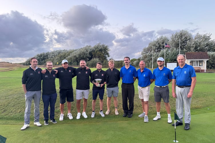 The presentation of the Pickeridge Bowl, right to left: Minehead team comprising George Hampshire, Will Paton, Simon Rudd, James Barton and Archie Walsh; Centre: Worlebury captain holding the trophy with his team to his right.