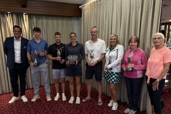 Winners, left to right: John Ball Club Captain, Theo Jones Junior Champion Gross and Nett, Jamie Short Gross Champion, Charlotte Bolton Ladies Gross Champion, James Wilkinson Nett Champion, Helen White Ladies over 55 Champion. Jill Loader Ladies Nett Champion and Mary Beakes Ladies Captain.