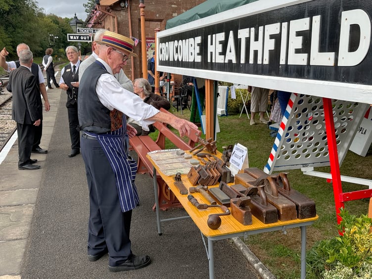 Jones the butcher shows off old tools on Crowcombe Heathfield Station for a 1940s weekend. PHOTO: Tim Wetherell.