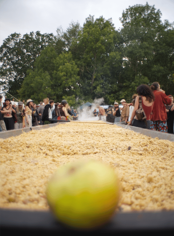 This huge apple crumble was made at the Ferally Good Folk Festival using fruit from Torre Cider, in Washford, and the skills of Watchet blacksmith Will Heard.