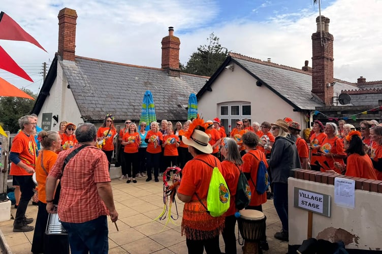 Minehead Samba Band performing on Cramptonbury Festival's Village Stage. PHOTO: Daniel Sherrin.
