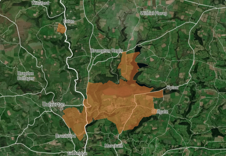 A map showing an area of Exmoor shaded in brown where electricity supplies were cut off on Thursday.