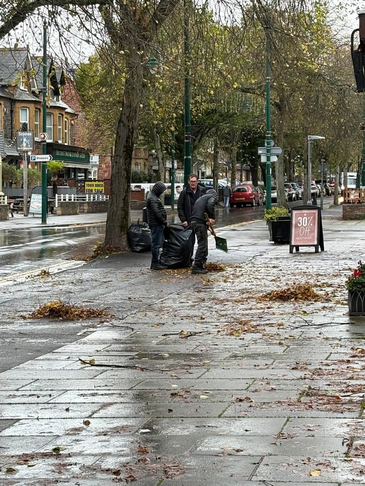 A leaf clearance operation was mounted on Saturday in The Avenue, Minehead, in between storms.