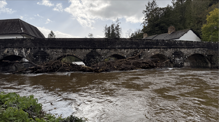 Huge tree trunks and branches washed down the Rover Barle start to block Dulverton's medieval stone bridge.